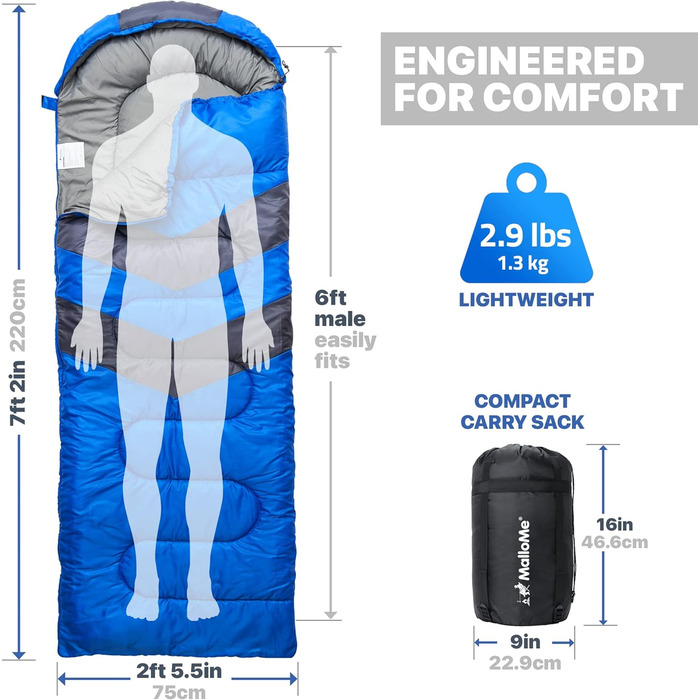 Спальний мішок MalloMe Outdoor - Спальний мішок для дорослих та дітей - Зимовий спальний мішок, Спальні мішки, Кемпінговий спальний мішок, Ковдра Спальний мішок - Зимовий спальний мішок - Легкий, портативний, теплий, ковдровий Спальні мішки односпальні 75