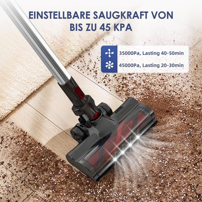 Акумуляторний пилосос бездротовий 45000 Па з сенсорним екраном, 50 хв роботи, контейнер 1.6 л, фільтр H13 HEPA, анти-заплутуюча щітка для підлоги/килимів/шерсті тварин (Червоний)