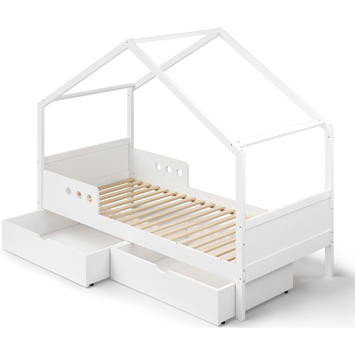Дитяче ліжко Bellabino Bela для дітей та захисту від падіння, біле дитяче ліжко, дитяче ліжко для малюків та молодіжне ліжко з масиву сосни для дівчаток та хлопчиків з рейковим каркасом (90 х 200 см, з 2 висувними ящиками)