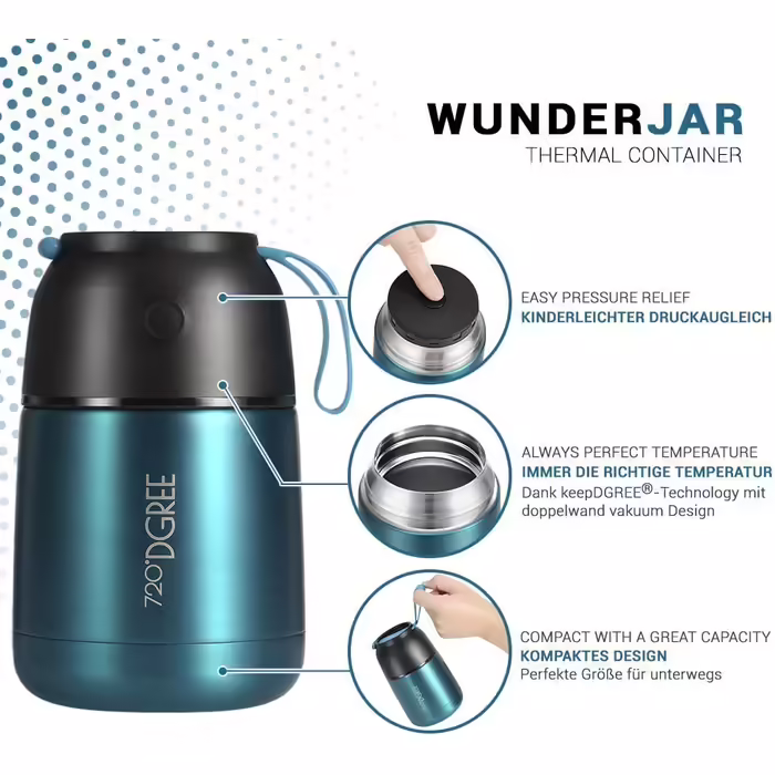 Термос для їжі 720°DGREE wunderJar 450 мл, нержавіюча сталь, герметичний, BPA Free, зелений, для супу, мюслі, дитячого харчування, зберігання теплих і холодних страв, ланчбокс для подорожей