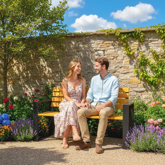 Двомісна лавочка для саду Gartenbank: міцна, стійка до погодних умов дерев'яна лавочка з ламелевою конструкцією та підлокітниками. Максимальне навантаження до 240 кг. Виготовлена з натурального дерева.