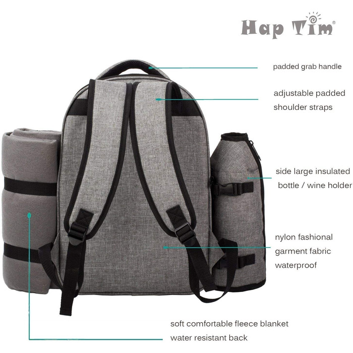 Рюкзак для пікніка Hap Tim на 4 особи з термокишенею, підставкою для пляшок/вина, флісовою ковдрою, тарілками та набором столових приборів. Ідеально для відпочинку на природі, спорту, походів, кемпінгу та грилів. (EU-3065, Сірий)