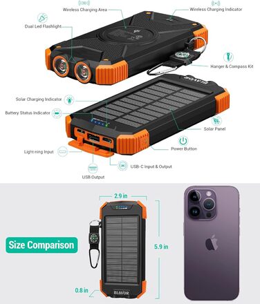 Сонячний пауербанк BLAVOR 10000 мАг, PD 20 Вт, USB C, Qi, сонячна панель, ліхтарик (помаранчевий)