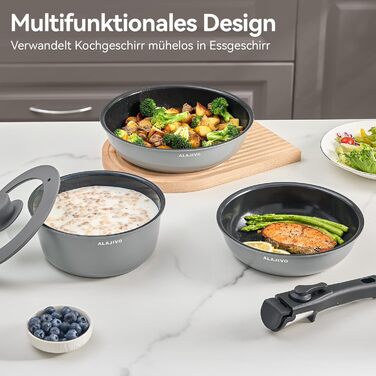 Набір посуду 9-ти частинний з знімним ручками, антипригарне покриття, для всіх типів плит, включаючи індукційні, сумісний з духовкою (сірий)