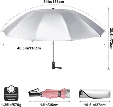 Дюймова штормонепроникна парасолька, захист від ультрафіолету UPF 50, автоматичний, компактний, 10 ребер, сріблястий/рожевий, 4Free 54-