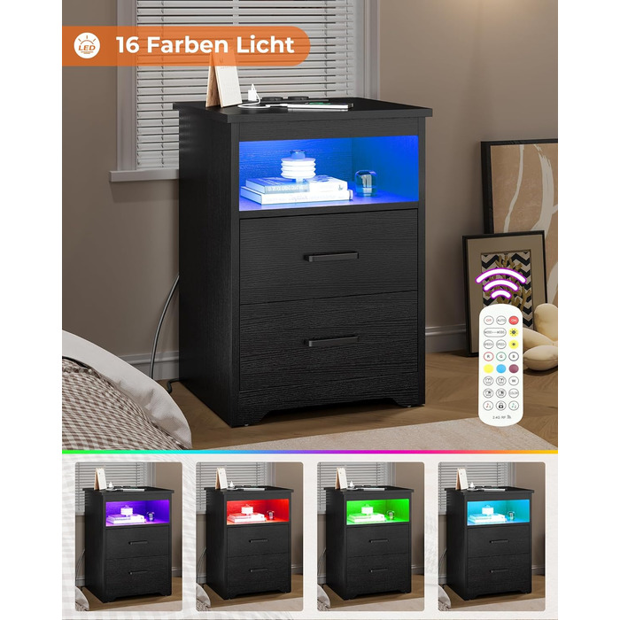 Приліжкова тумба з LED-підсвіткою, зарядною станцією та USB, 2 шухляди, чорна, для спальні та вітальні