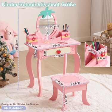 Детский туалетный столик LEADZM с пуфом для девочек, с двумя зеркалами 180°, с ящиком, белый и розовый, для детей 3-9 лет