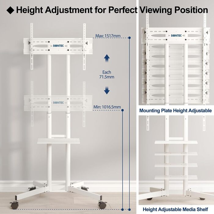 Тумба під телевізор BONTEC з колесами, регулюється по висоті для телевізорів 32-85 дюймів, до 60 кг, VESA 600x400 (біла)