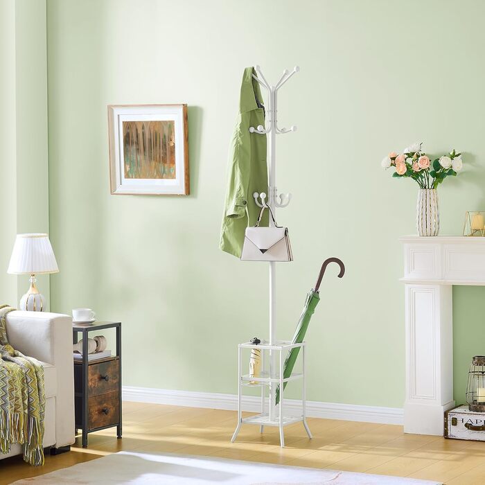 Настінна вішалка для одягу FAVOOSTY з підставкою для парасольки, 12 гачків, стійка для пальто, вішалка для одягу в вітальню, спальню, срібна (білий)