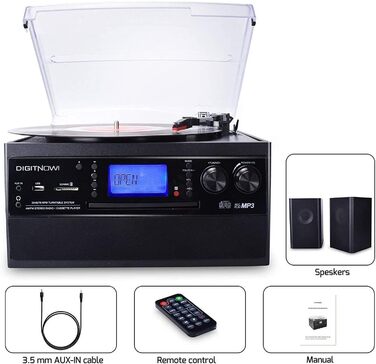 Програвач вінілу з Bluetooth, USB, функцією кодування, CD-програвачем, FM-радіо та касетою, 3 швидкості (33/45/78 об/хв), вбудовані динаміки, мультиколір