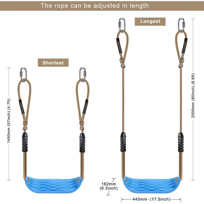 Гойдалка садові SELEWARE для дітей та дорослих: комплект з канатом 2м та 2 карабінами, чорний (синій)