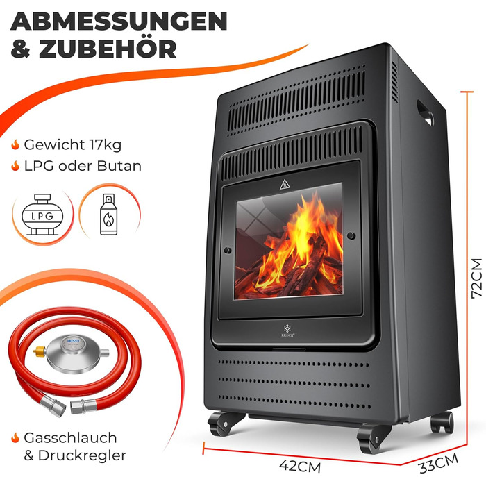 Газовий обігрівач KESSER®: газовий камін-обігрівач з інфрачервоним випромінюванням, 3.4 кВт, 2 режими, з регулятором тиску та шлангом, сумісний з бутаном/пропаном (до 11 кг), антрацит