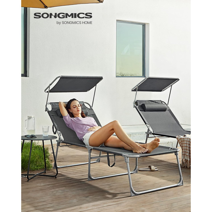 Лежак для відпочинку SONGMICS - великий, складаний, з сонцезахисною козирком та регульованою спинкою, 200 x 71 x 38 см, вантажопідйомність 150 кг, для саду, басейну, тераси, темно-сірий