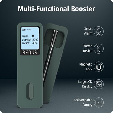 Термометр для м'яса BFOUR BF-30 PRO: бездротовий Bluetooth термометр-щуп з LCD-дисплеєм, IP67 водонепроникний, для приготування на грилі, в духовці, на кухні (зелений)