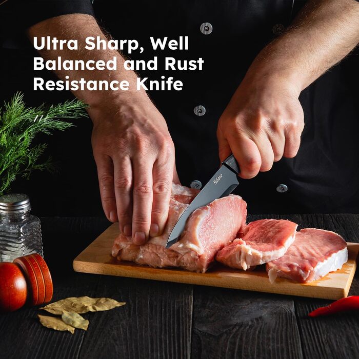 Набір кухонних ножів Yabano 7 предметів з підставкою та точилкою, кухонний набір ножів з чорним пластиковим блоком