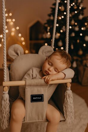 Дитяча гойдалка для дому та вулиці | Bär Light Beige Velvet | Гойдалка для малюків | Дерев'яна гойдалка для дітей | Гойдалка для дверного отвору