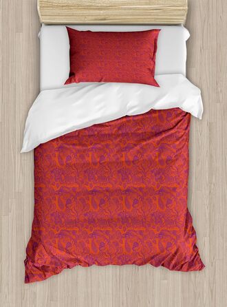 Набір підковдр Boho для односпальних ліжок, вінтажний візерунок листя Пейслі, захист від алергії з наволочкою, (130 x 200 см - 70 x 50 см, червоний і фіолетовий)