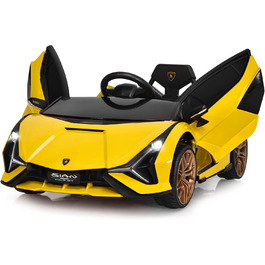 Дитячий електромобіль Lamborghini 12V з пультом, ременем безпеки, світлом, музикою і сигналом, жовтий – електрокар для дітей від 3 років