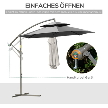 Outsunny Parasol Centilever Parasol Ø2.67 x 2.45 м Кривошипна парасолька з подвійним навісом Поперечна основа Сталь Сталевий Поліестер Сталь Світло-Сірий