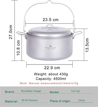 Безмежний вояж Титанова каструля для приготування супу на пару з кришкою Посуд для кемпінгу на відкритому повітрі Легка підвісна каструля для овочів, морепродуктів, супів, рагу та пасти (каструля Ti2112c 4.5 л)