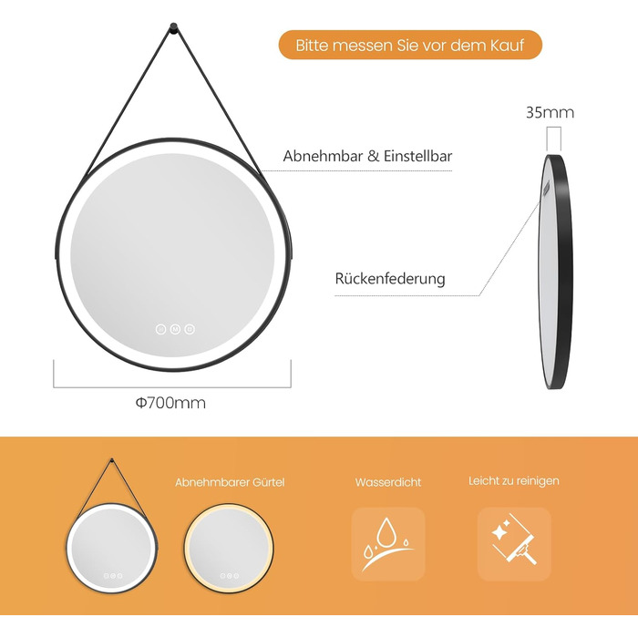 Круглий дзеркало для ванної кімнати EMKE з підсвічуванням 50 см, 3 кольори світла, протизапотівання, пам'ять, сенсорне управління, таймер 3 години, енергозбереження, 70x70 см