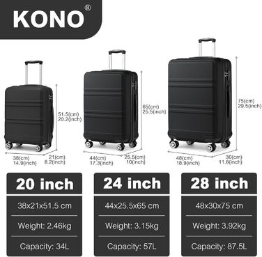 Чемодан KONO 24 дюйми, ABS, з TSA-замком, 4 колеса, 65×44×25.5 см, чорний, 3-частинний набір