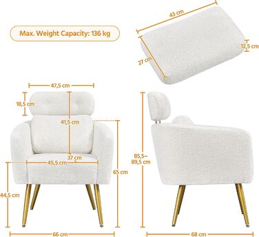 Крісло Yaheetech з тканини букле, м'яке, з регульованою підголівником, для вітальні/офісу, біле