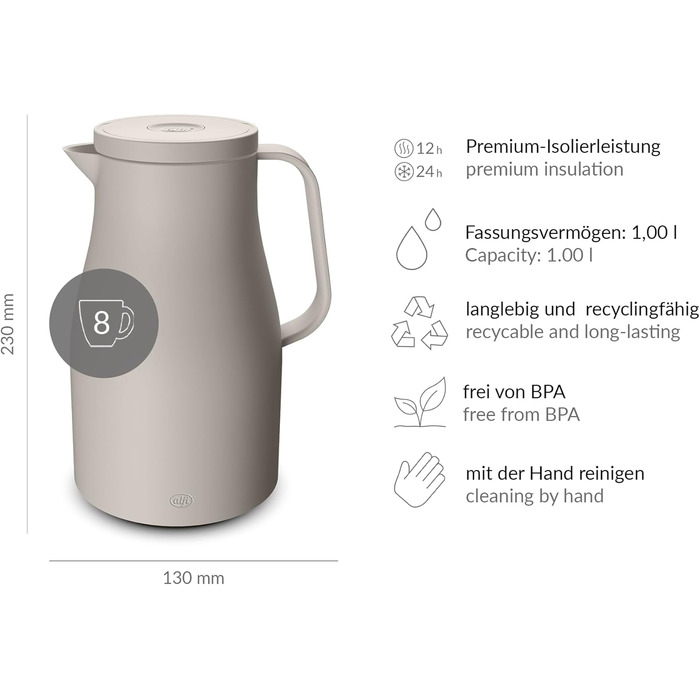 Термос Alfi ECONSCIOUS 1.0л з термоізоляційним вкладишем з біопластику, гігієнічний, з поворотним кришкою та кнопкою, для зручного наливання однією рукою, ідеальний для кави та чаю, без BPA (Oatmeal Beige)