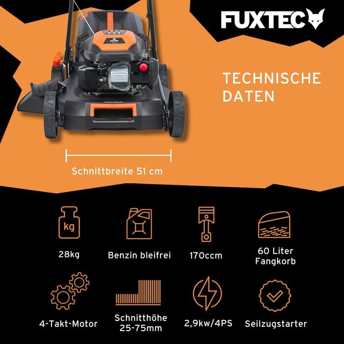 Бензиновий газонокосарка FUXTEC FX-RM5196 4в1 з Edge-Cut, самохідний, 51 см, 170 ccm, 60л травоспікач