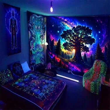 Гобелен Arsey Blacklight Forest Trippy UV реактивний, Дерево Зірки Галактика, 300x180см, Багатобарвистий, XXXL