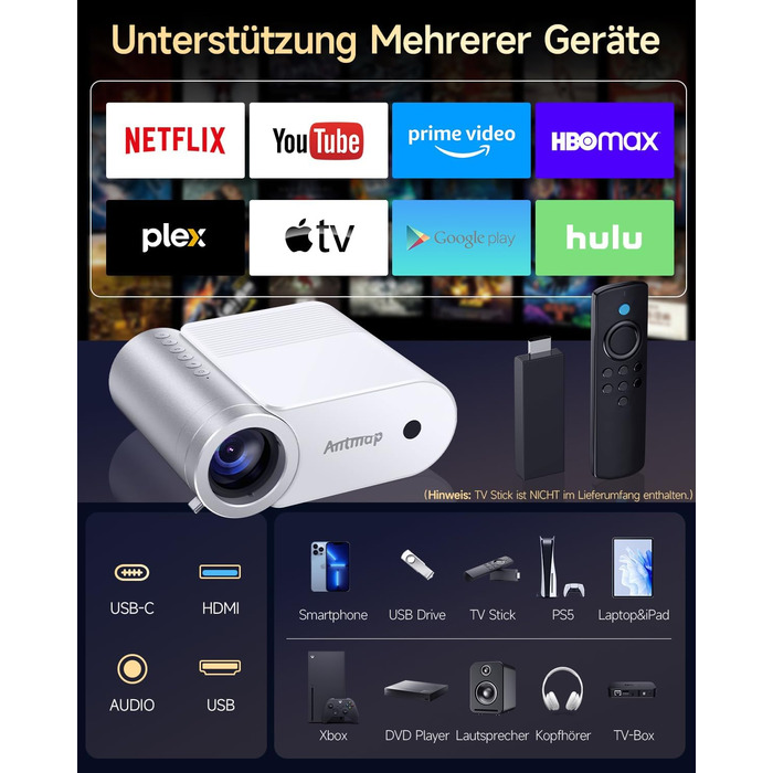 Міні проєктор Beamer Bluetooth WiFi 1080P: Підтримка iPhone/Android, HDMI, USB, Fire Stick, PS5. Компактний проєктор для телефону, фільмів, дому та відпочинку на природі