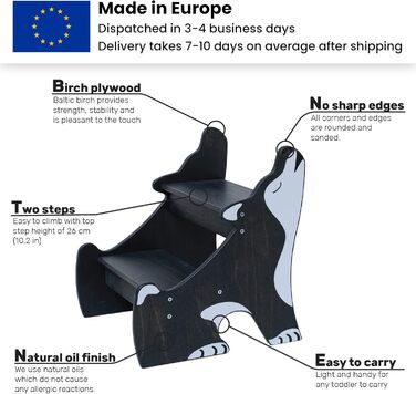 Дитячий триступеневий табурет для ванної кімнати Wild Kids Modern, з дерева, за дизайном Монтессорі (чорний)