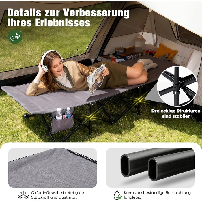 Розкладне ліжко для кемпінгу Sekey XXL (190x71x35 см), посилене сталеве ліжко-трансформер з тканиною Oxford, сіре (без матраца)