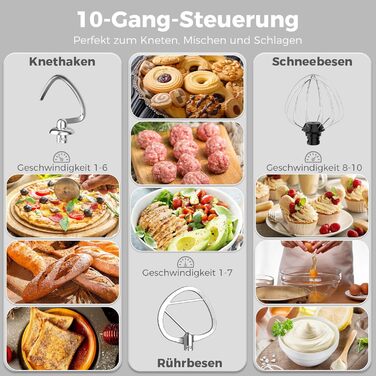 Кухонна машина YASHE 1500W з 2 чашами (4,5L та 5L), 10 швидкостей, нахилений корпус, з гаком для тіста, вінчиком та набором насадок, мультифункціональна