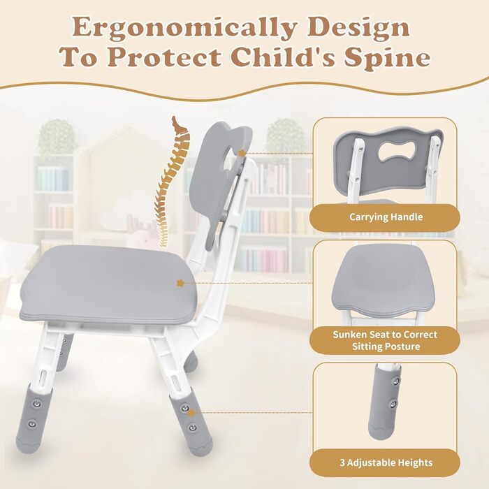 Дитячий стіл зі стільцями (2 шт) 80x60 см, регульована висота, сірий. Ідеально для дитячого садка, ігор, малювання та навчання. Легко миється. Підходить для дітей від 2 років.