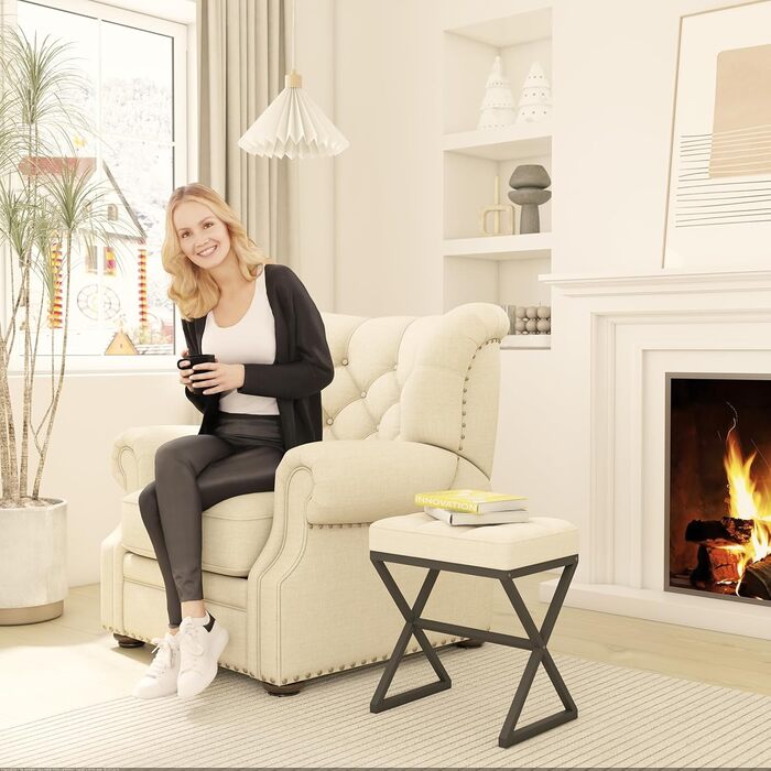 Пуф для макіяжу YMYNY, пуф-табуретка з льону, пуф для туалетного столика з металевими ніжками X-подібної форми, 40x30x46 см, бежевий (HBD033G)