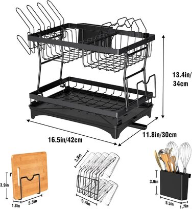 Рівнева сушарка для посуду з нержавіючої сталі, з тримачем для нарізаної дошки та тримачем для чашки, чорна, 2-