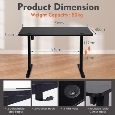 PACHIRA Електричний регульований стіл, 120x60 см, з пам'яттю та LED-дисплеєм, з гачком та кабелеуправлінням, ергономічний для дому/офісу, білий/чорний