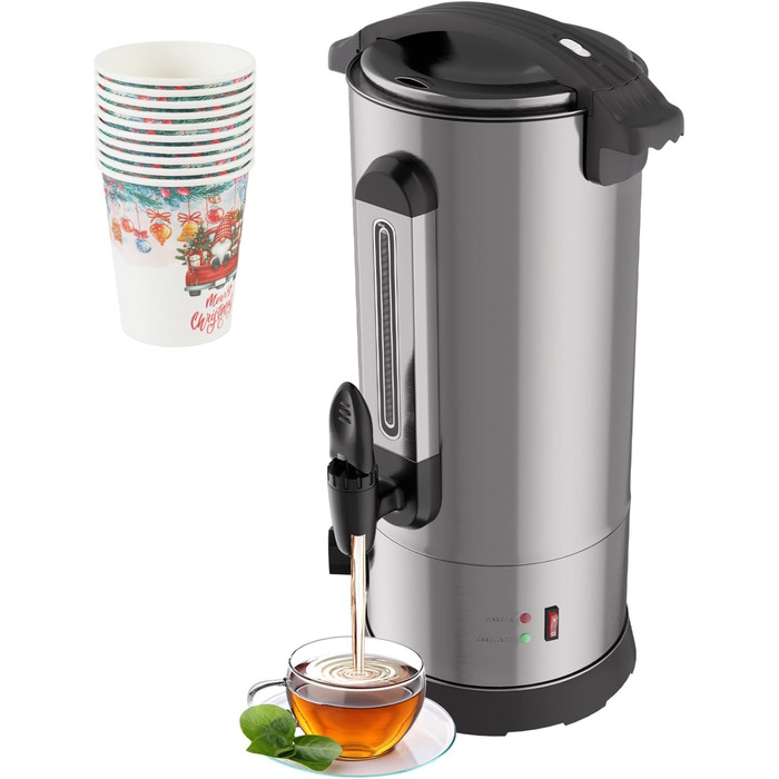 Глювайновий нагрівач з 10 чашками | 1500W, нержавіюча сталь, термостат 30–110°C, функція підігріву та кран | Глювайновий автомат для вечірок (10L, срібний)