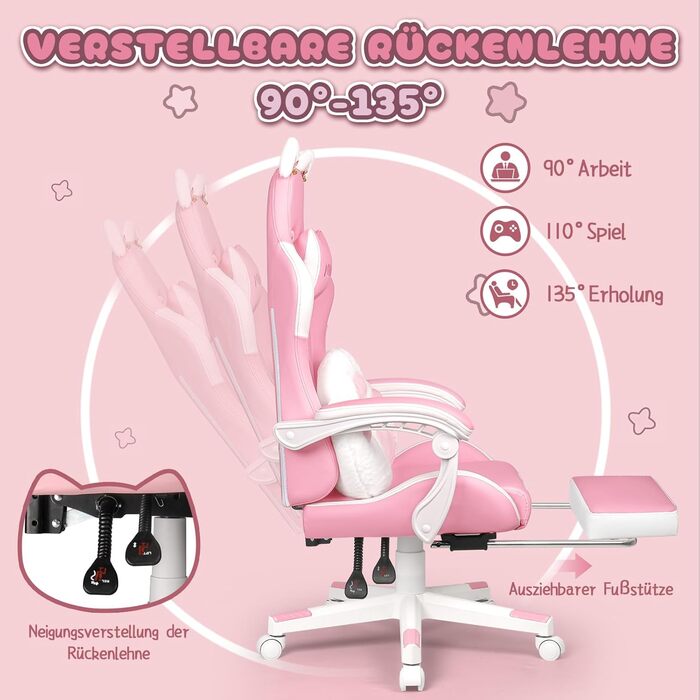 Ігровий крісло Waleaf з підголовником у вигляді лапки кота та вушками, ергономічний геймерський крісло з підніжкою, регульоване крісло для комп'ютера з PU шкіри для дівчаток-підлітків, ігрове крісло 135кг, рожеве