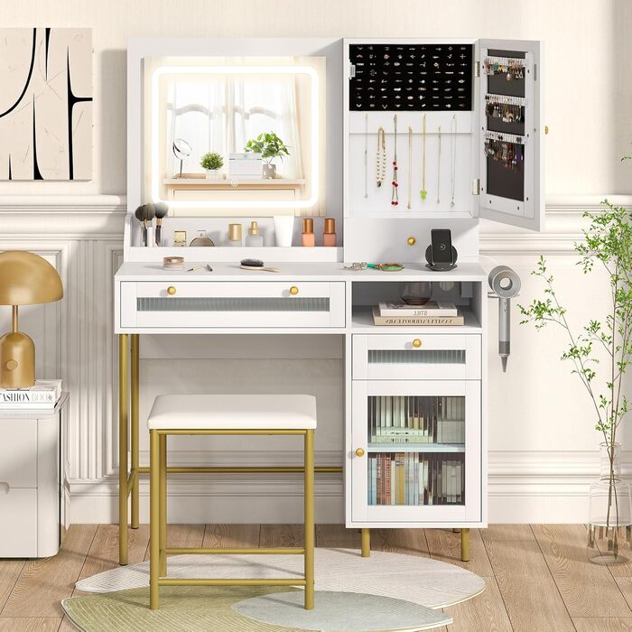 Тумбочка для макіяжу з LED-підсвічуванням COSTWAY, туалетний столик з зарядкою, дзеркало, пуф, 3 ящики, місце для фену, білий + золотий
