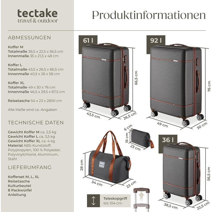 Набір валіз Tectake 13 шт. з валізою, сумкою та ролерами: 3 великі валізи, TSA-замок, сірий