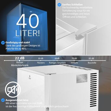 Міні-холодильник KESSER® 40L з дверцятами зі скла: ідеальний для кемпінгу, офісу, спальні, готелю, кухні. Безшумний, з можливістю зміни дверцят, внутрішнім освітленням та відкривачем для пляшок. Білий.