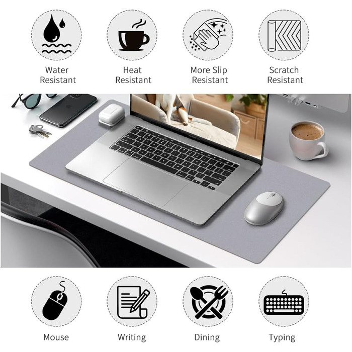 Килимок для столу та мишки XXL Niviy з екошкіри, водонепроникний захисний килимок для офісу та дому, протиковзний, світло-сірий, 60 x 40 см