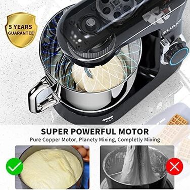 Кухонна машина Zurio 5.5L: потужний міксер-планетарний з 10 швидкостями, 1300W, з набором аксесуарів (крюк для тіста, вінчик)