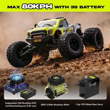 AMORIL 1/10 RTR Brushless RC Автомобіль 50+ км/год для Дорослих, Електричний Позашляховий Монстр-трак 4WD, Водонепроникний, 3S Lipo, Зелений