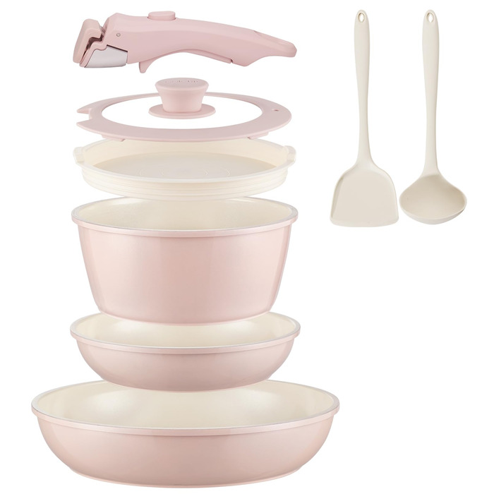 Набір каструль та сковорідок 23 частини з антипригарним покриттям. Підходить для всіх типів плит, духовка, без PFAS, PTFE, PFOA. Кремово-білий (8 предметів рожевий)