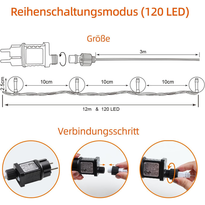 Гірлянда світлодіодна Kugel 12м, 120 LED, тепле біле світло, 8 режимів, таймер, IP44, для декору саду, тераси, балкону, кімнати, вечірки