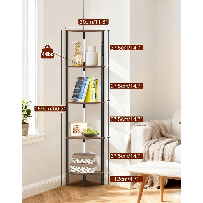 Світлодіодна торшер-полиця з регульованою яскравістю та кольором, пульт ДУ, 5 полиць, кутова, для вітальні, спальні, офісу (Rustikales Braun)