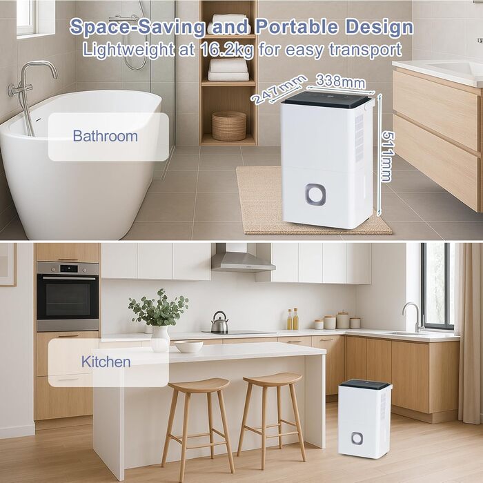 Електричний осушувач повітря з насосом: 80 л/день, компресорний, бак 8 л, повітряний потік 400 м³/год, смарт-гігростат, тихий будівельний осушувач для підвалу/квартири/офісу/ванної кімнати/спальні, чорний & білий (сірий & білий)